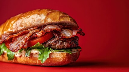 A tantalizing bacon burger boasting fresh vegetables and crispy bacon on a golden bun, showcasing delicious layers that appeal to burger lovers and fast-food enthusiasts alike.