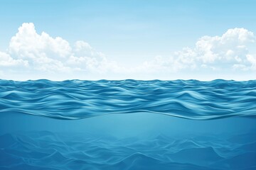 Fototapeta premium Blue ocean water with sky background vector illustration, featuring water surface at the bottom and clouds on top, perfect for summer vacation concept banners, posters, or flyers