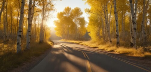 Fototapeta premium Golden light filters through Aspen tree branches on country road, landscape, road
