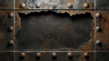  A frame with rusty metal hole with dark background and orange corrosion texture