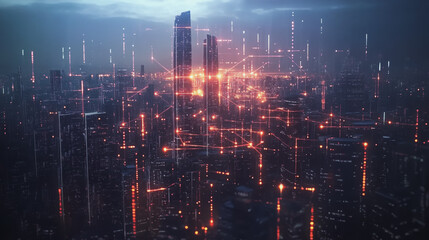 Naklejka premium Smart digital Innovation city with connection network reciprocity over the twilight cityscape. of future smart wireless digital city and social media networking systems that connects people with city 