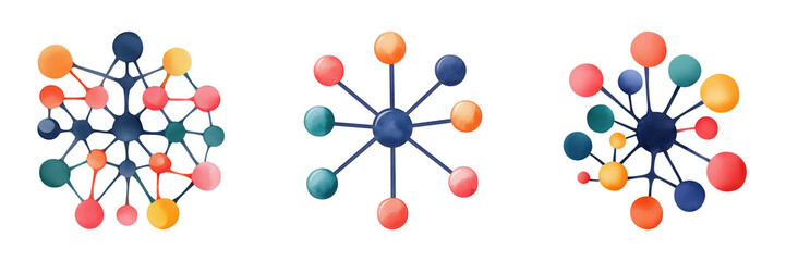 Colorful molecular structures with interconnected nodes and spheres, showcasing a scientific representation of atomic or molecular connections.