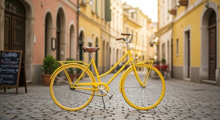 Fototapeta premium Yellow bicycle on cobblestone street in picturesque european town
