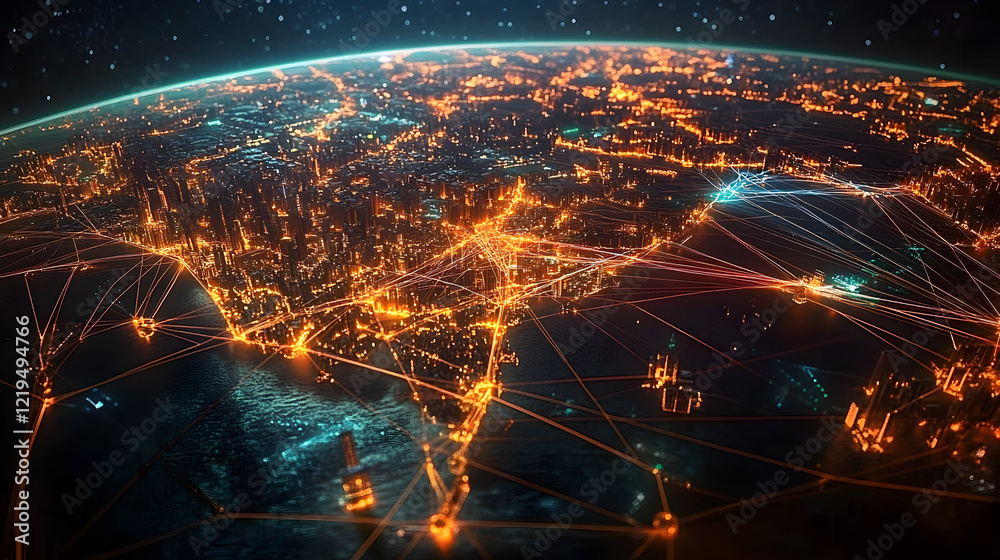 Poster a global network of interconnected business hubs with lines and data flowing between them generative