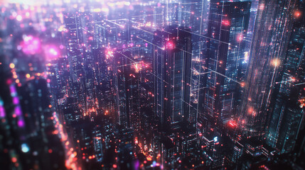 Obraz premium Smart digital Innovation city with connection network reciprocity over the twilight cityscape. of future smart wireless digital city and social media networking systems that connects people with city 