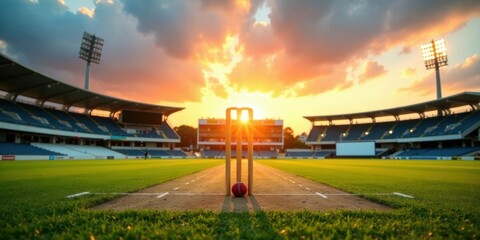 A cricket ball rests at the base of the wickets at sunset in an empty stadium