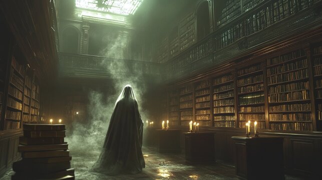 Ghostly figure wandering an abandoned library, dusty books and dim candlelight, haunted feel 
