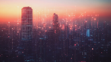 Smart digital Innovation city with connection network reciprocity over the twilight cityscape. of future smart wireless digital city and social media networking systems that connects people with city

