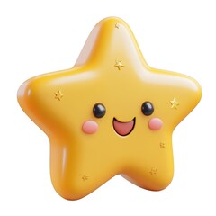 Adorable 3d icon happy star emoji yellow character with blushing cheeks and large eyes, set against background