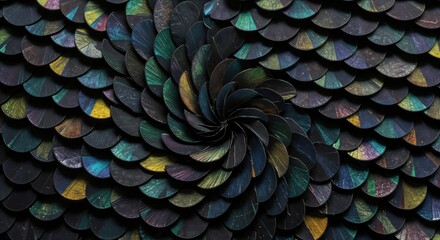 Obraz premium Abstract iridescent scales with spiral pattern in vibrant dark hues