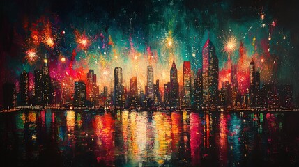 Fototapeta premium Fireworks over a city skyline on New Year's Eve, vibrant colors, reflections in water 