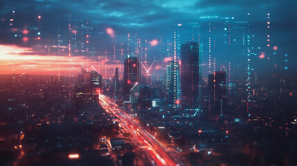 Obraz premium Smart digital Innovation city with connection network reciprocity over the twilight cityscape. of future smart wireless digital city and social media networking systems that connects people with city 