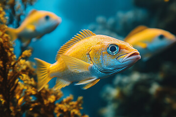 Obraz premium Yellow Fish Swimming in Vibrant Underwater Scene