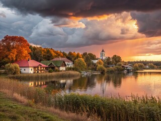 Fototapeta premium Stunning Autumn Sunset over Lakeside Village - September Dusk