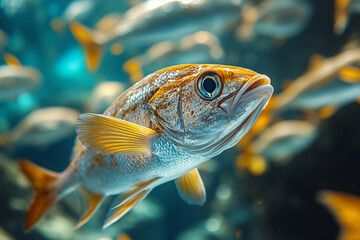 Fototapeta premium Golden fish swims among other fish in an aquarium
