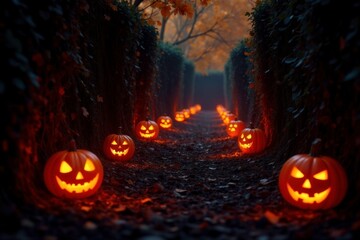 Jack-o-lanterns and candles lining the twisting tunnels of the hedge maze, autumnal, jack-o-lanterns, warm glow