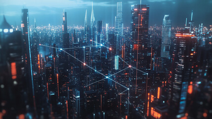 Fototapeta premium Smart digital Innovation city with connection network reciprocity over the twilight cityscape. of future smart wireless digital city and social media networking systems that connects people with city 
