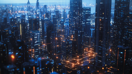 Naklejka premium Smart digital Innovation city with connection network reciprocity over the twilight cityscape. of future smart wireless digital city and social media networking systems that connects people with city 