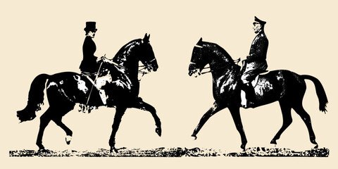 silhouettes isolated , a lady and a gentleman on horseback, opposite each other