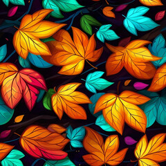 Fototapeta premium Seamless pattern of beautiful autumn leaves in decorative painting style