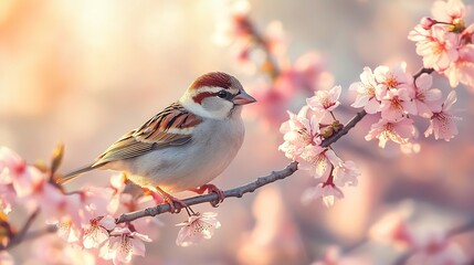 Fototapeta premium Sparrow Nestled Among Cherry Blossoms in Spring