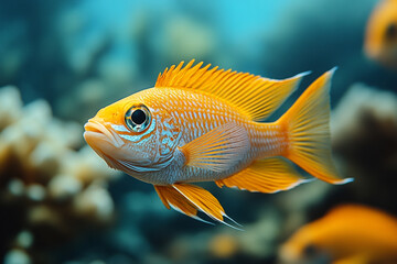 A vibrant orange fish swims in a coral reef