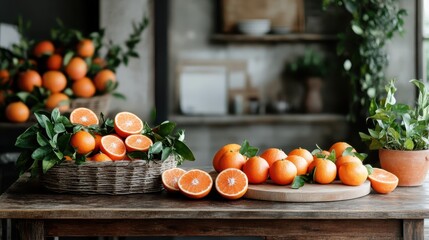 An artistic display of sliced oranges and whole fruits arranged on a rustic table, illustrating the delightful contrast of textures and colors in a contemporary setting.