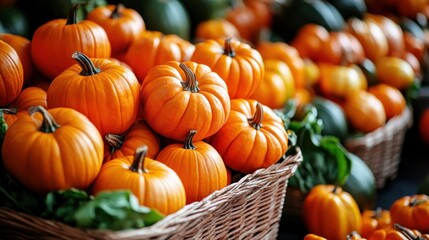 This image showcases a beautiful arrangement of vibrant orange pumpkins nestled in a rustic basket, highlighting the colors and textures of autumn harvest decorations.