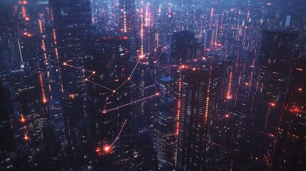 Naklejka premium Smart digital Innovation city with connection network reciprocity over the twilight cityscape. of future smart wireless digital city and social media networking systems that connects people with city 