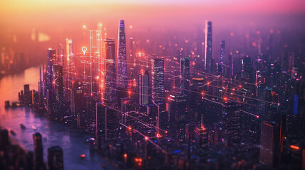 Smart digital Innovation city with connection network reciprocity over the twilight cityscape. of future smart wireless digital city and social media networking systems that connects people with city
