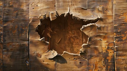 Broken hole in old wooden wall with black background and damaged boards texture