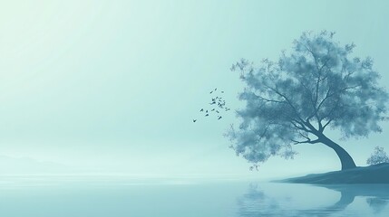 Obraz premium Serene Landscape With Solitary Tree and Birds