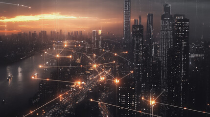 Fototapeta premium Smart digital Innovation city with connection network reciprocity over the twilight cityscape. of future smart wireless digital city and social media networking systems that connects people with city 