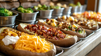 A delectable spread of baked potatoes with various toppings