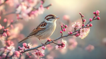 Fototapeta premium Sparrow Perched on Stone Wall Among Early Spring Buds