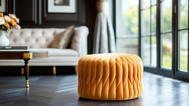 A luxurious yellow pouf accents a chic living room, offering both style and functionality while enhancing the inviting ambiance of the space filled with natural light.