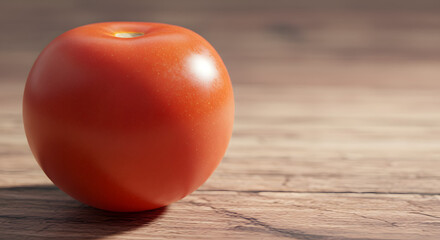 A close-up image of a ripe tomato resting on a wooden surface