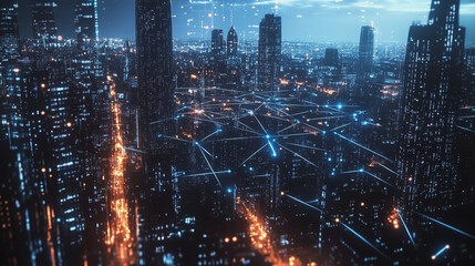 Fototapeta premium Smart digital Innovation city with connection network reciprocity over the twilight cityscape. of future smart wireless digital city and social media networking systems that connects people with city 