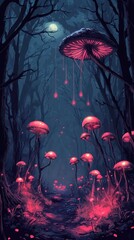 Fototapeta premium Glowing Fungi Illuminate a Dark Forest Path