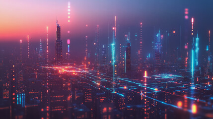 Fototapeta premium Smart digital Innovation city with connection network reciprocity over the twilight cityscape. of future smart wireless digital city and social media networking systems that connects people with city 