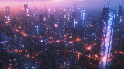 Obraz premium Smart digital Innovation city with connection network reciprocity over the twilight cityscape. of future smart wireless digital city and social media networking systems that connects people with city 