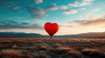 A striking heart-shaped hot air balloon soars over a picturesque landscape, symbolizing love and adventure amid beautiful clouds and rolling mountains at sunset.