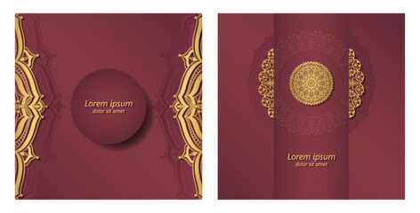 Two luxurious square burgundy background with gold mandala. Ethnic ornament in the design of the card, invitation, packaging, cover