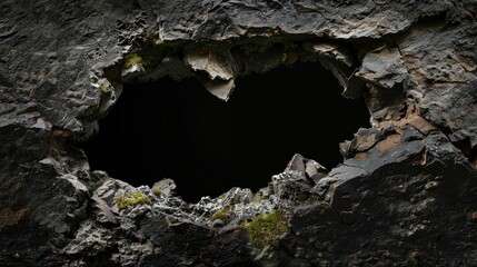 Background with dark natural cave entrance or a hole in black rocky formation with moss details and dramatic shadows