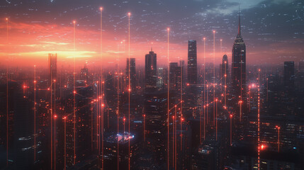 Fototapeta premium Smart digital Innovation city with connection network reciprocity over the twilight cityscape. of future smart wireless digital city and social media networking systems that connects people with city 