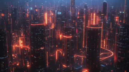 Fototapeta premium Smart digital Innovation city with connection network reciprocity over the twilight cityscape. of future smart wireless digital city and social media networking systems that connects people with city 