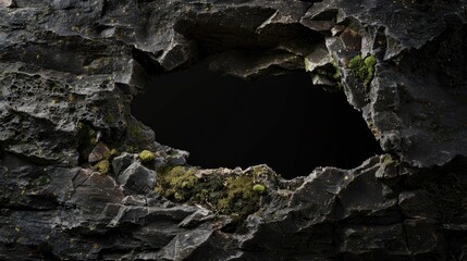 Background with dark natural cave entrance or a hole in black rocky formation with moss details and dramatic shadows
