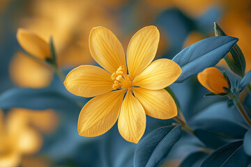 A single yellow flower blossoms with teal leaves