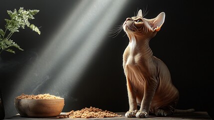 A sphynx cat sitting on a wooden table under dramatic studio lighting