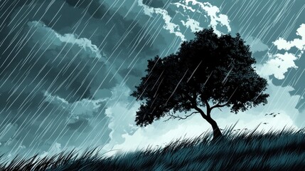Solitary Tree Underneath a Raining Sky